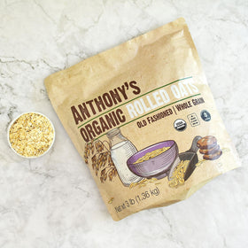 Bag of Anthony's Organic Rolled Oats on kitchen counter