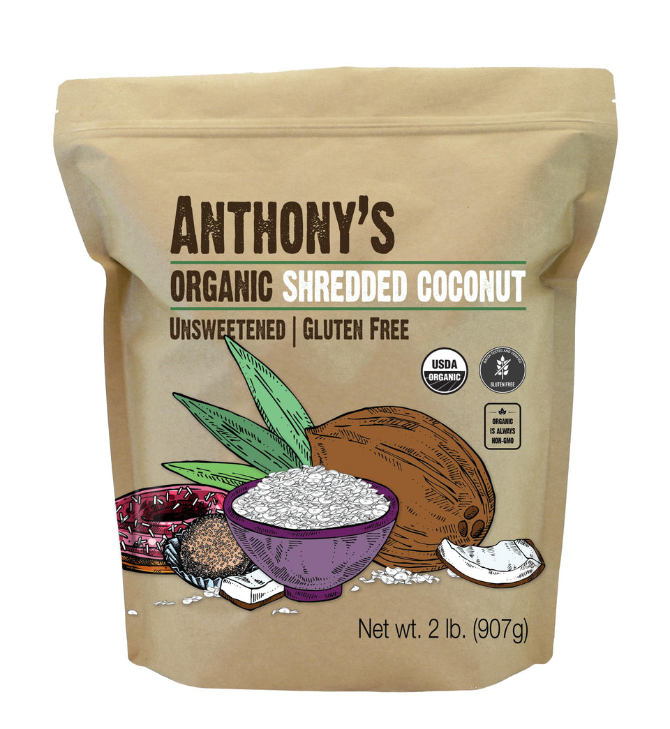 Anthony's Organic Shredded Coconut bag closeup; unsweetened and gluten-free.