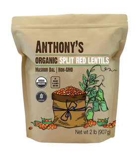 Anthony's Organic Split Red Lentils bag ready for pantry cooking, gluten free and vegan friendly.