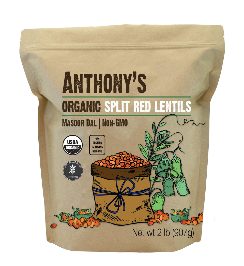 Anthony's Organic Split Red Lentils bag ready for pantry cooking, gluten free and vegan friendly.