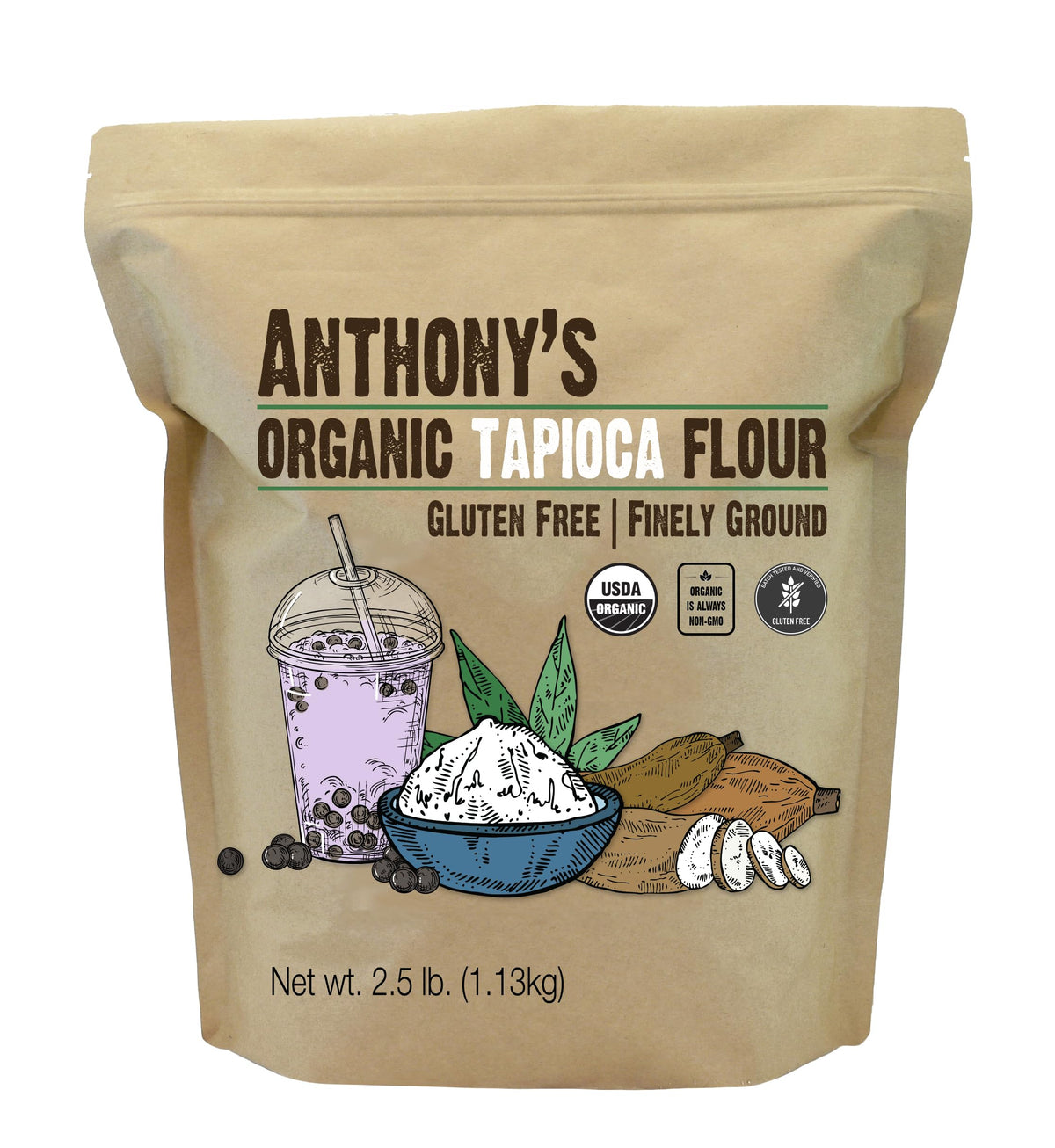 Anthony's Organic Tapioca Flour bag front highlights gluten-free promise for home bakers.