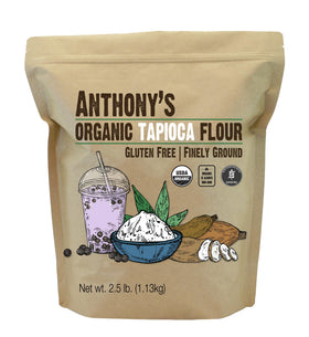Anthony's Organic Tapioca Flour bag front highlights gluten-free promise for home bakers.