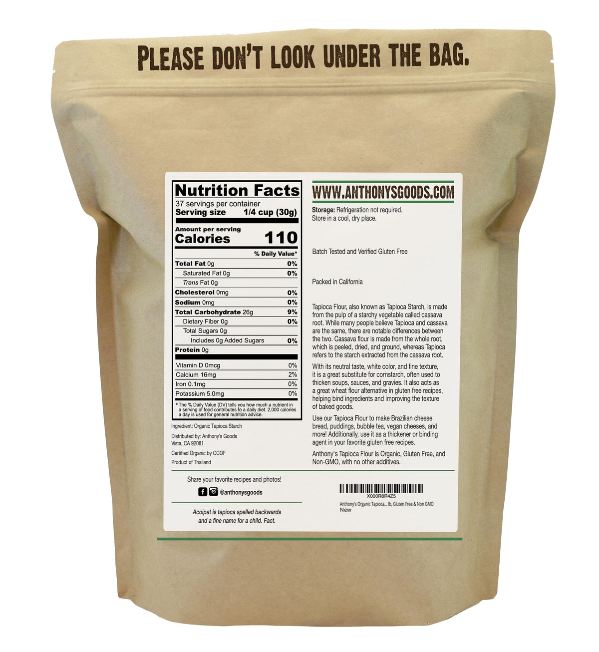Anthony's Organic Tapioca Flour powder closeup emphasizes neutral flavor ideal for thickening.