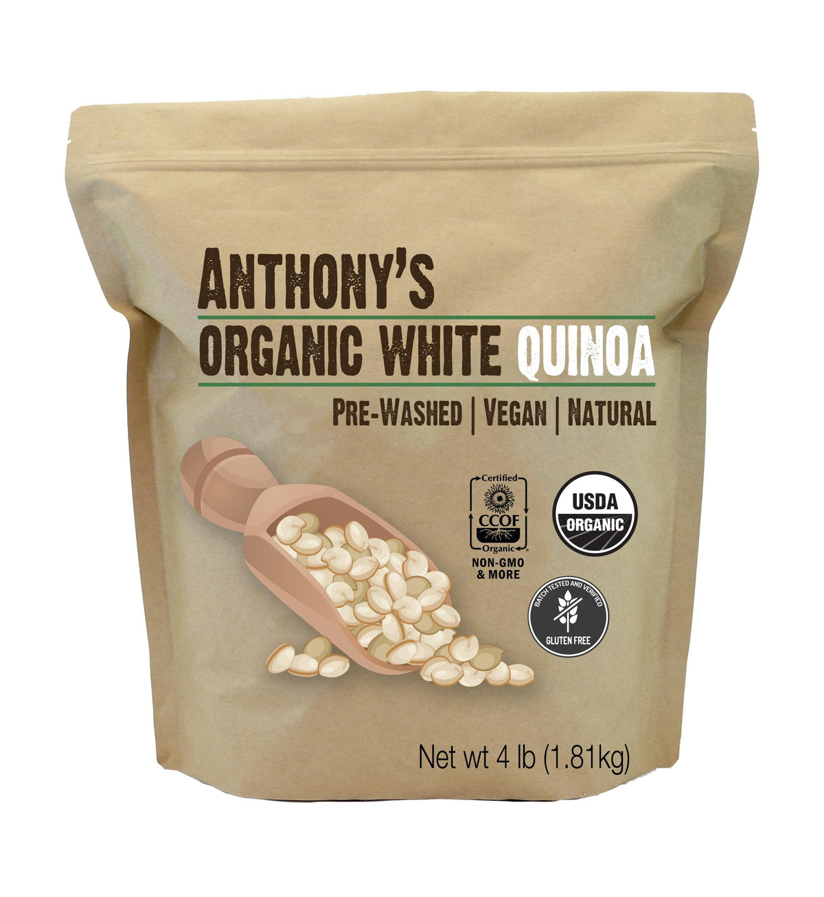Anthony's Organic White Quinoa bag front highlights premium, triple-cleaned quality for pantry staples.