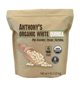 Anthony's Organic White Quinoa bag front highlights premium, triple-cleaned quality for pantry staples.