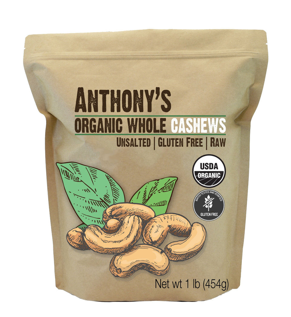 Anthony's Organic Whole Cashews 1lb pack in resealable pouch preserves freshness