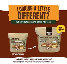 Anthony's Organic Whole Grain Oat Flour bulk-ingredient image highlights non-GMO quality.
