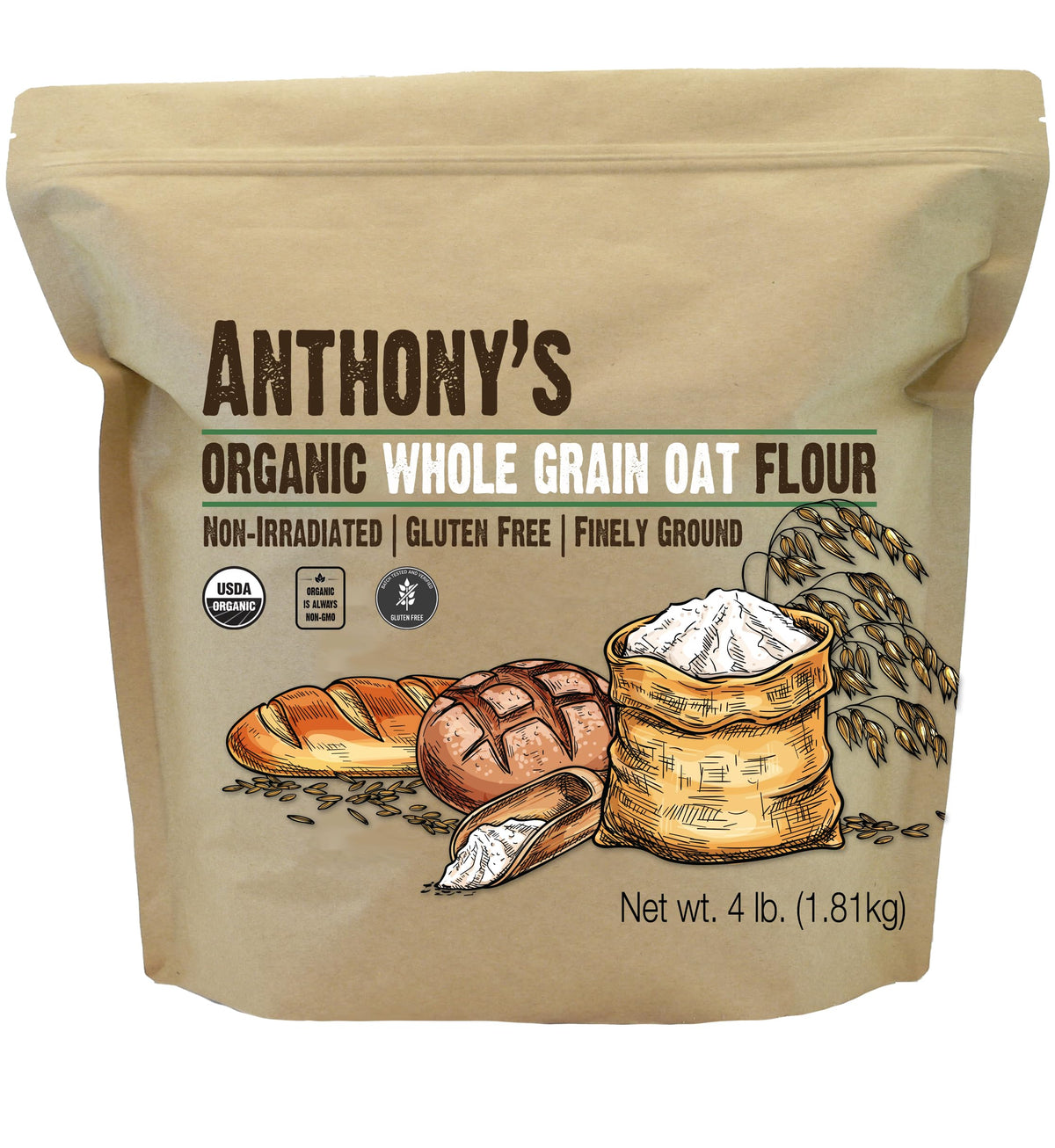Anthony's Organic Whole Grain Oat Flour cookie-dough scene hints at versatile vegan baking.