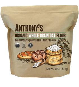 Anthony's Organic Whole Grain Oat Flour cookie-dough scene hints at versatile vegan baking.
