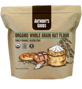 Anthony's Organic Whole Grain Oat Flour front-pack promotes gluten-free baking versatility.