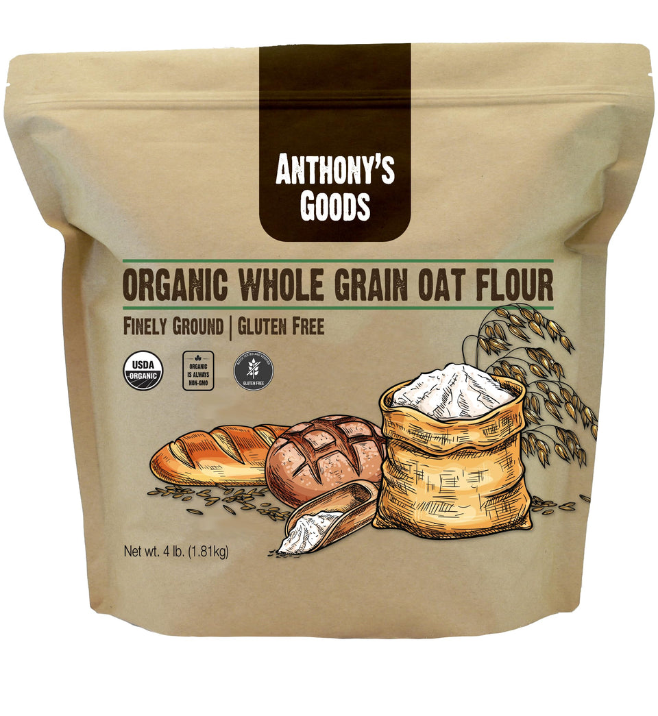 Anthony's Organic Whole Grain Oat Flour front-pack promotes gluten-free baking versatility.