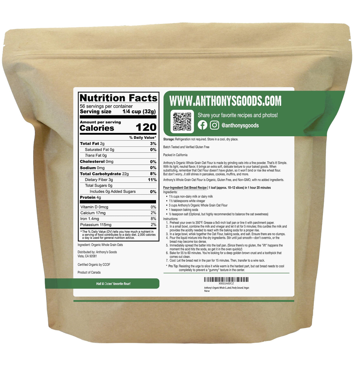 Anthony's Organic Whole Grain Oat Flour open-bag reveals a finely milled texture.