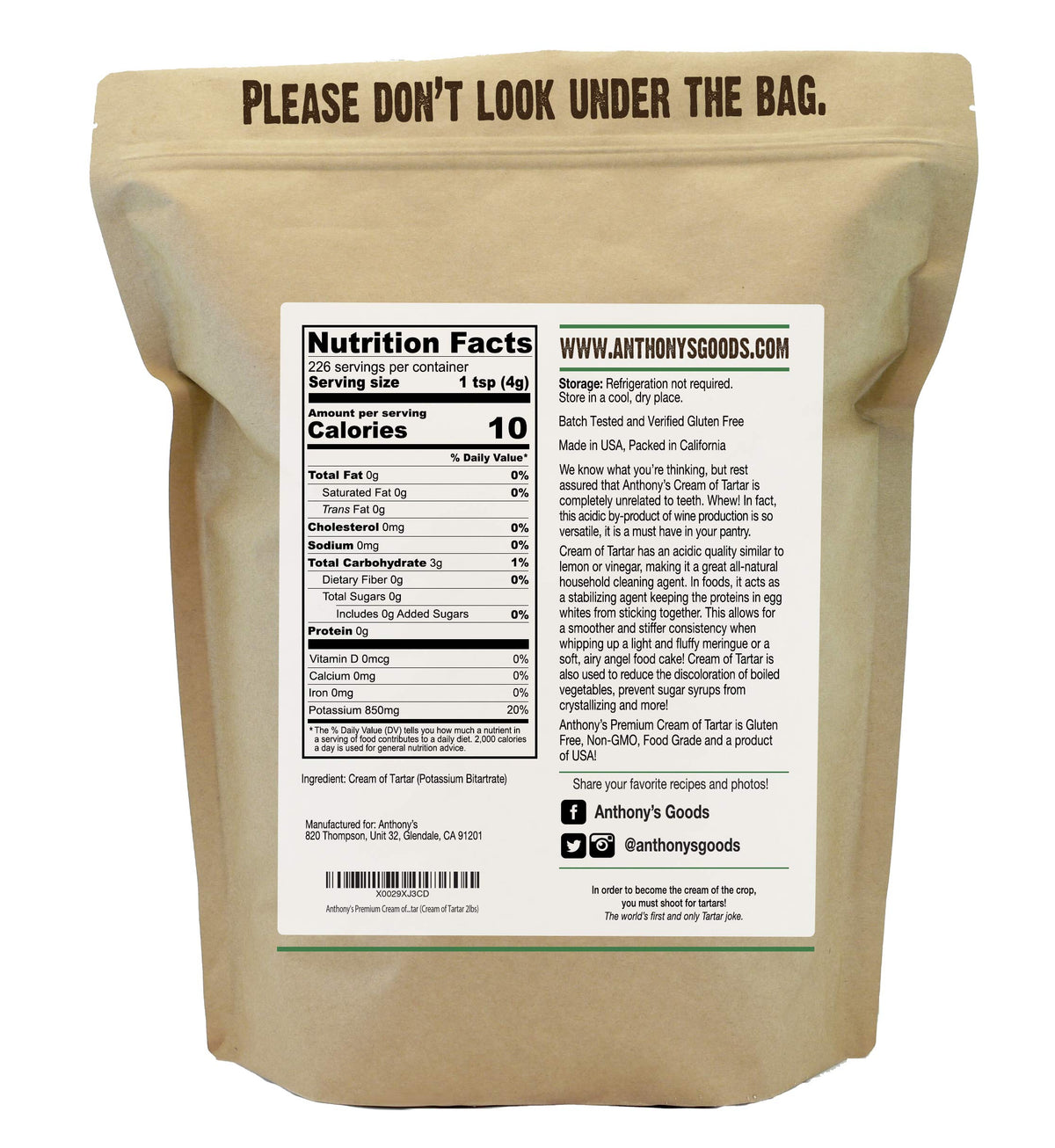 Anthony's Cream of Tartar bag closeup showing gluten-free, non-GMO promise