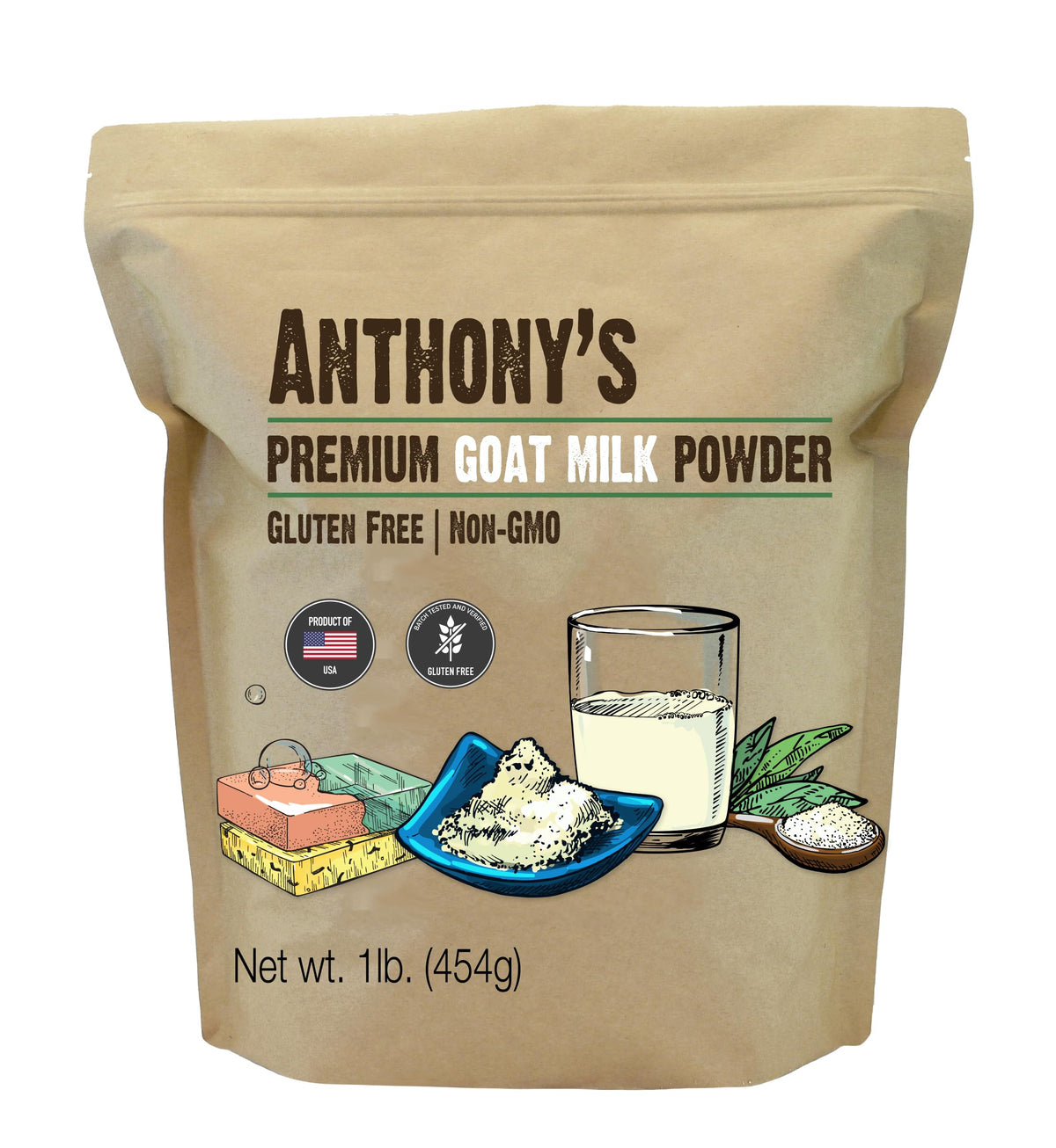 Anthony's Premium Goat Milk Powder bottle showcases creamy milk for versatile cooking.