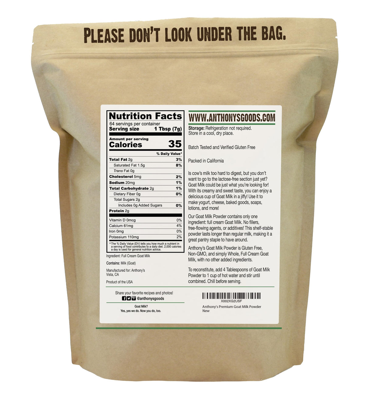 Anthony's Premium Goat Milk Powder packaging label emphasizes gluten-free, non-GMO quality.