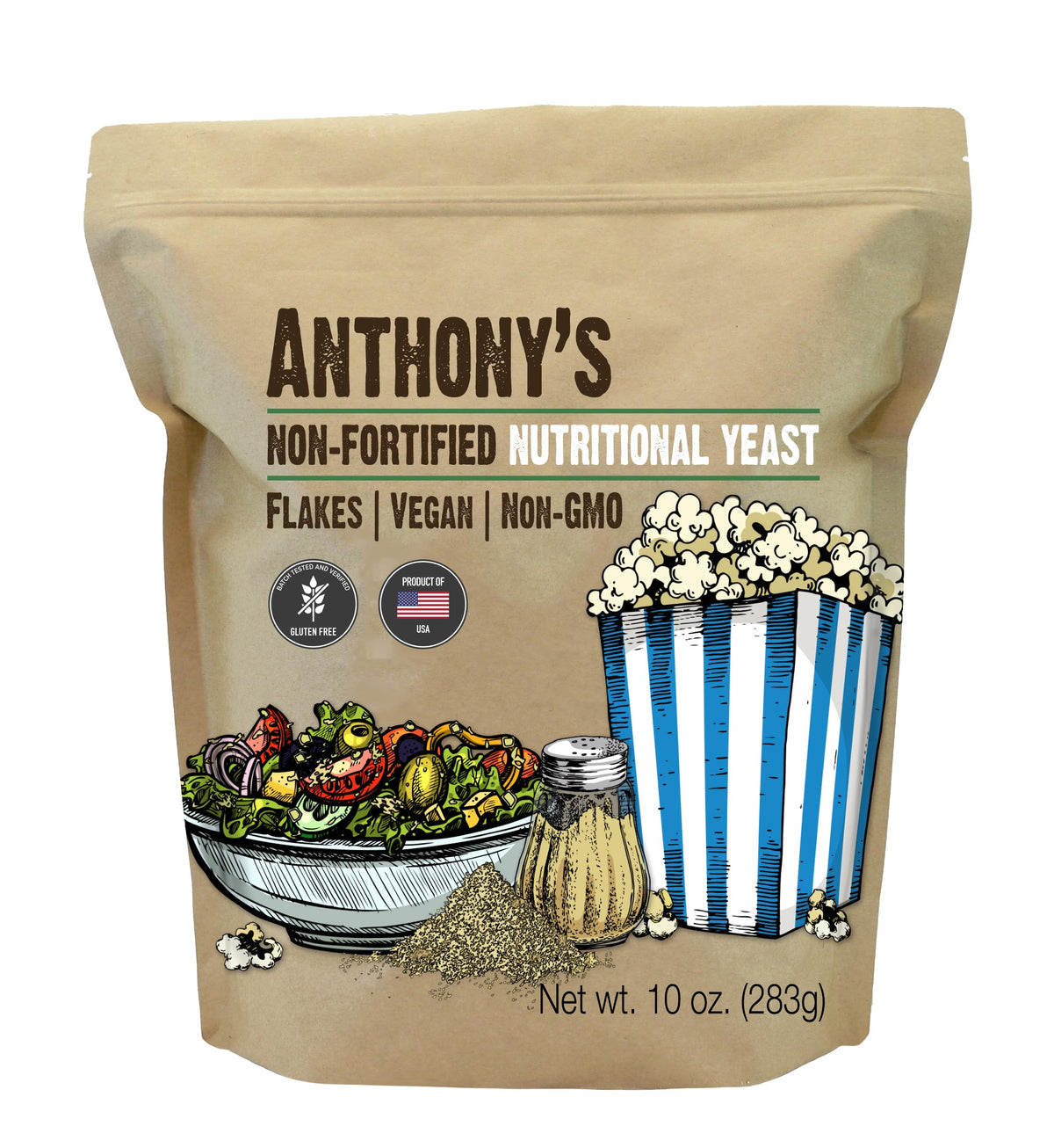 Anthony's Premium Nutritional Yeast Flakes jar-front highlights gluten-free, vegan seasoning.