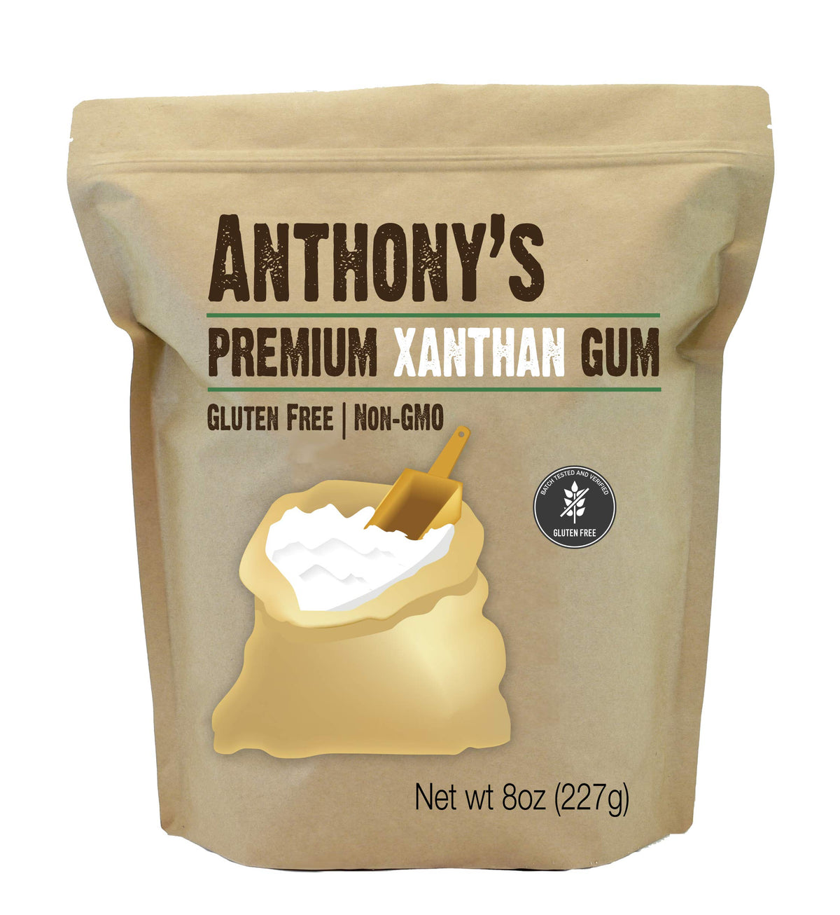 Anthony's Premium Xanthan Gum packaging with resealable pouch for freshness.