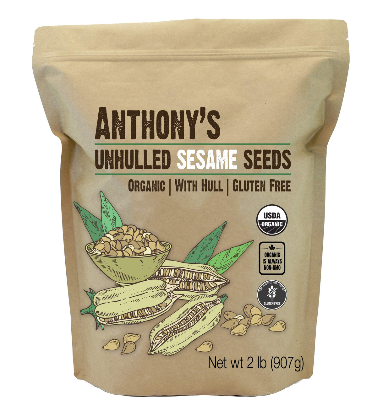 Anthony's sesame seeds bulk bag showing unhulled hulls for baking and topping