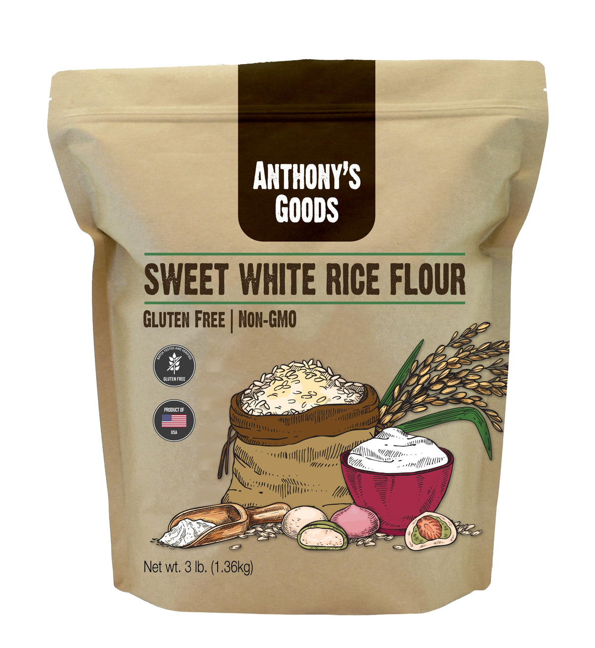 Anthony's Sweet White Rice Flour bag on shelf for gluten-free baking.