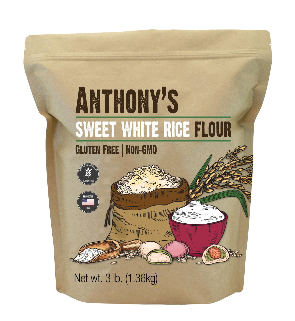 Gluten-free seal on Anthony's Sweet White Rice Flour packaging.