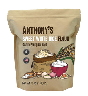 Gluten-free seal on Anthony's Sweet White Rice Flour packaging.