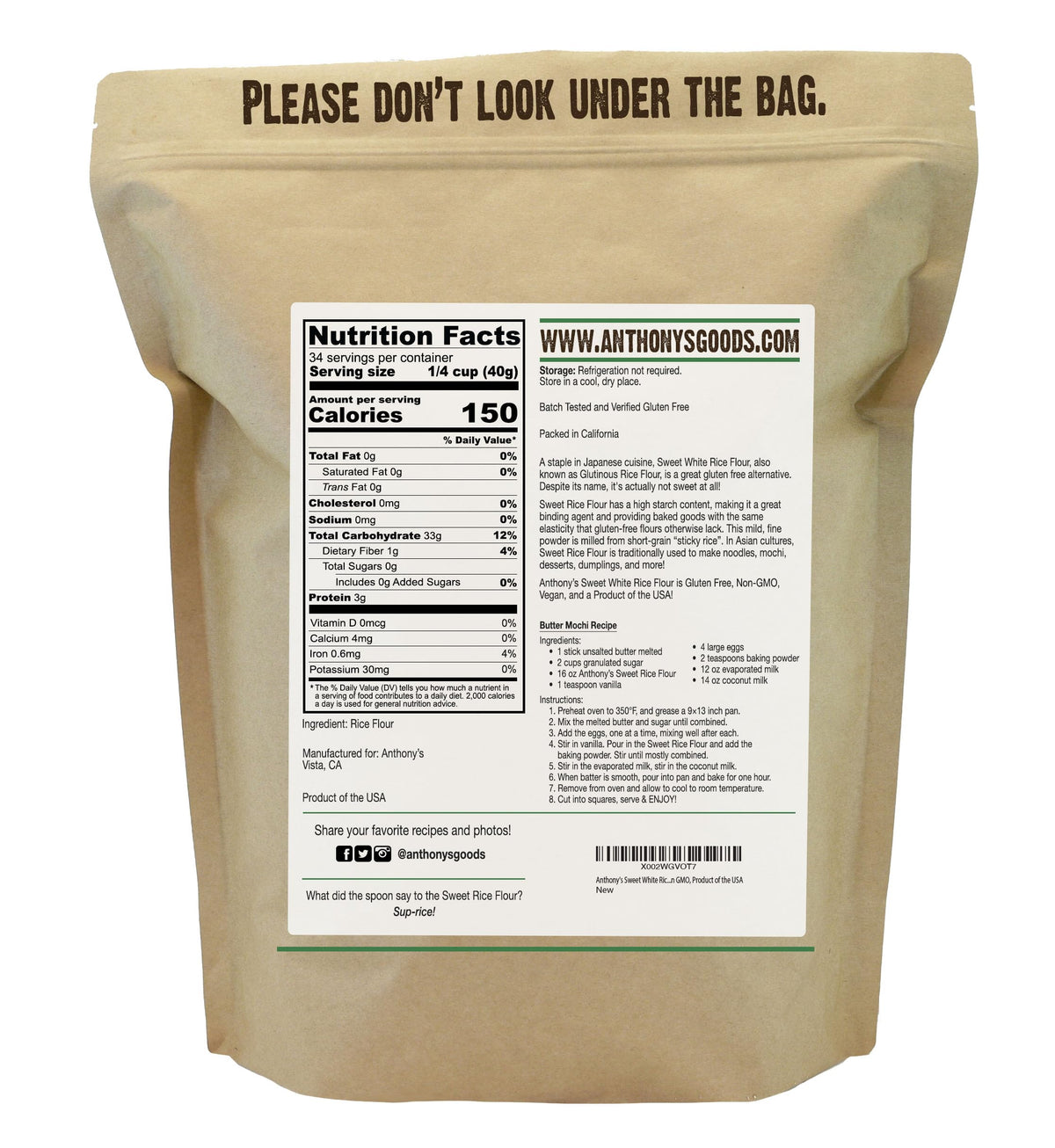 USA-made Anthony's Sweet White Rice Flour packaging and labeling.