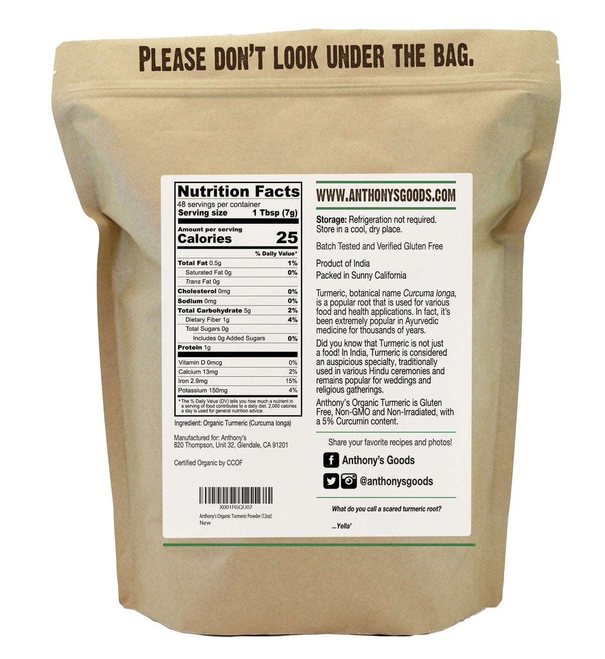 Anthony's turmeric powder label featuring gluten-free and non-GMO certification