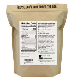 Anthony's turmeric powder label featuring gluten-free and non-GMO certification