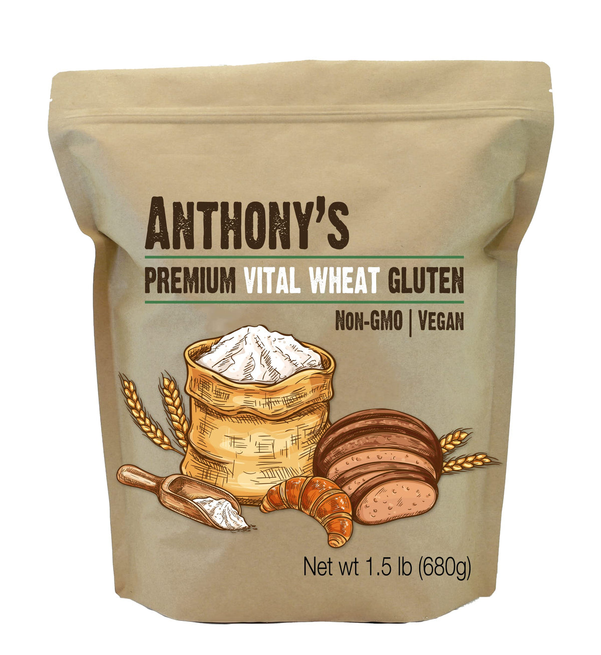 Anthony's Vital Wheat Gluten bag closeup showing powder texture for vegan meat substitutes.