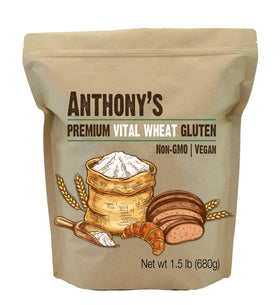 Anthony's Vital Wheat Gluten bag closeup showing powder texture for vegan meat substitutes.