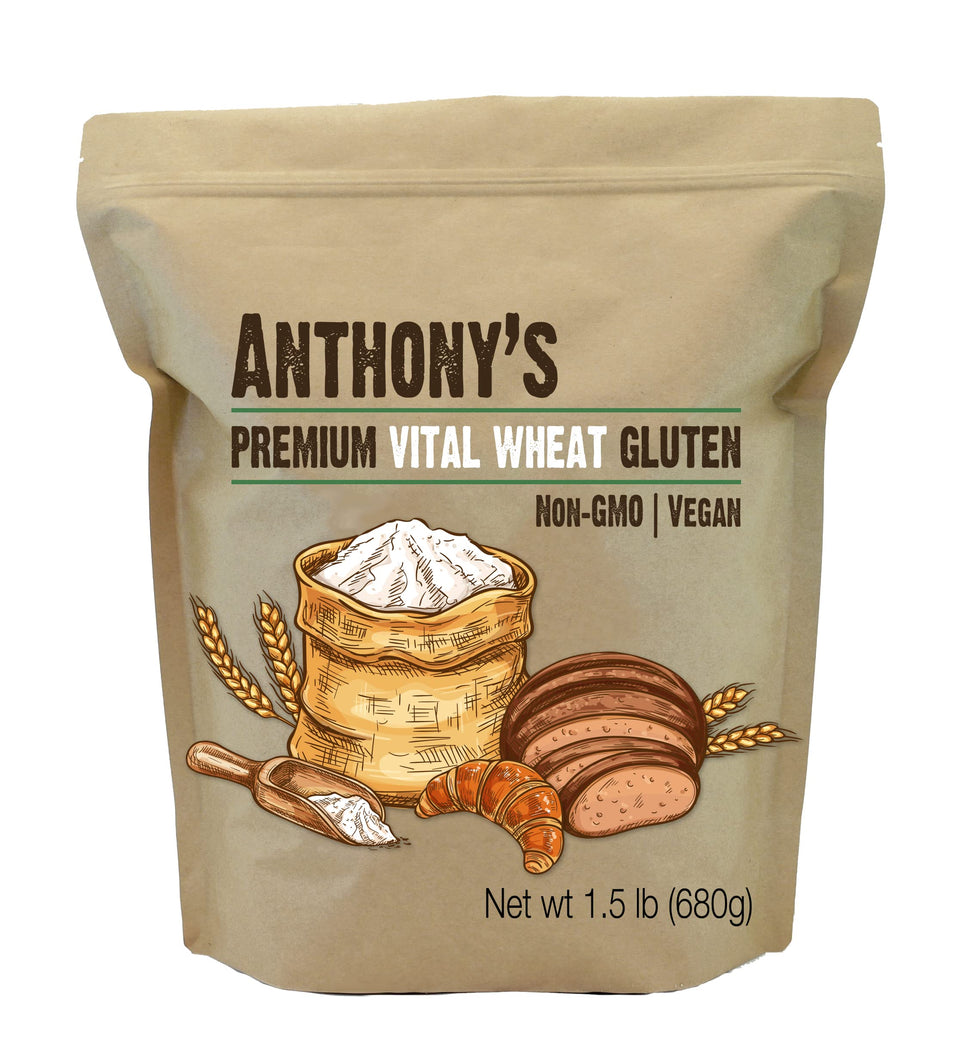 Anthony's Vital Wheat Gluten bag closeup showing powder texture for vegan meat substitutes.
