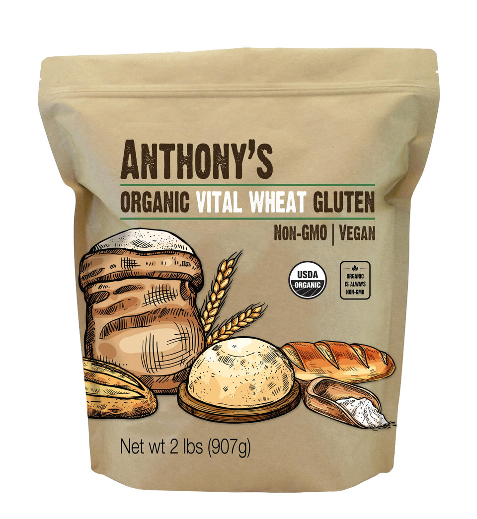 Anthony's Vital Wheat Gluten front packaging highlights organic quality for high-protein baking.