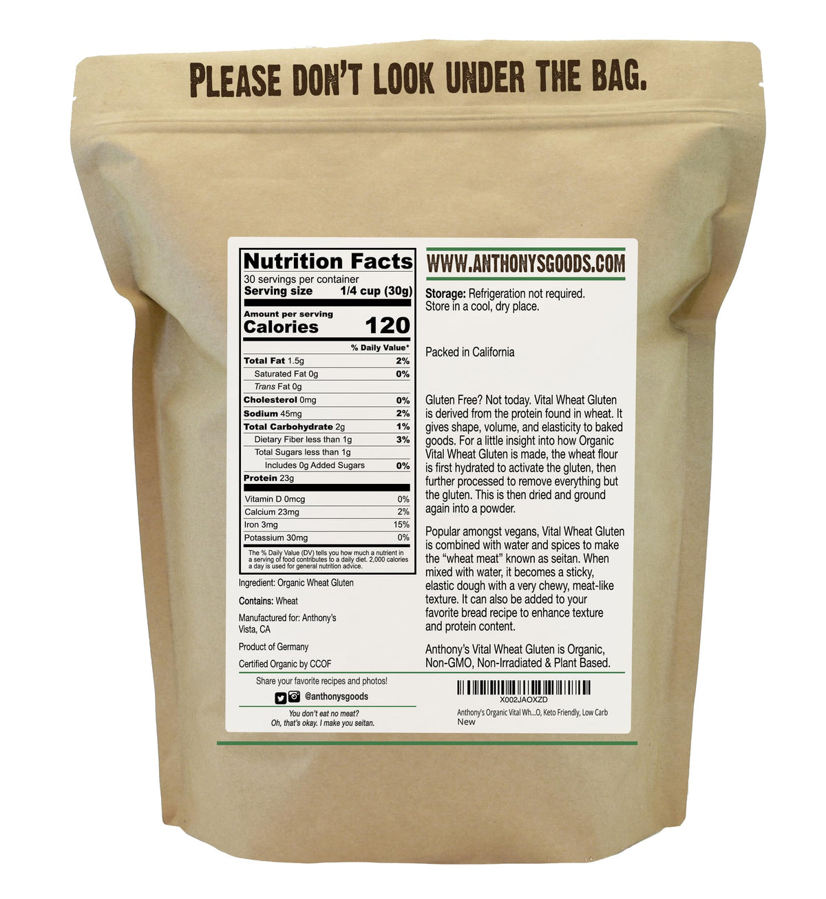 Anthony's Vital Wheat Gluten label closeup emphasizes purity and protein for dough.