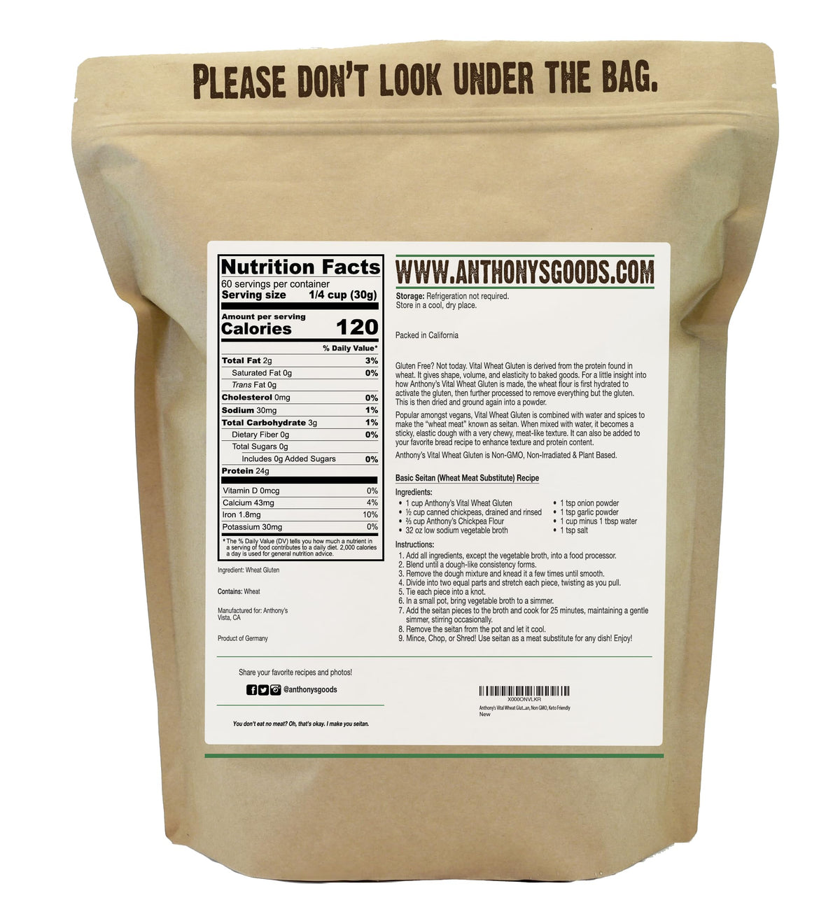 Packaging closeup of Anthony's Vital Wheat Gluten with vegan baking promise