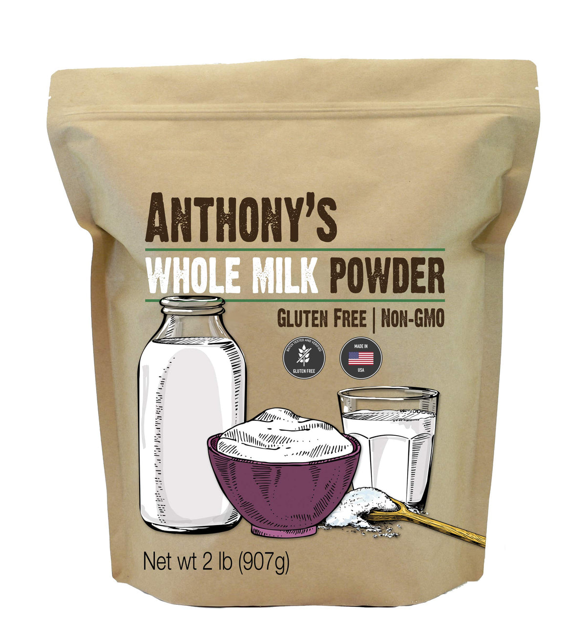 Anthony's Whole Milk Powder bottle pour for coffee and baking.