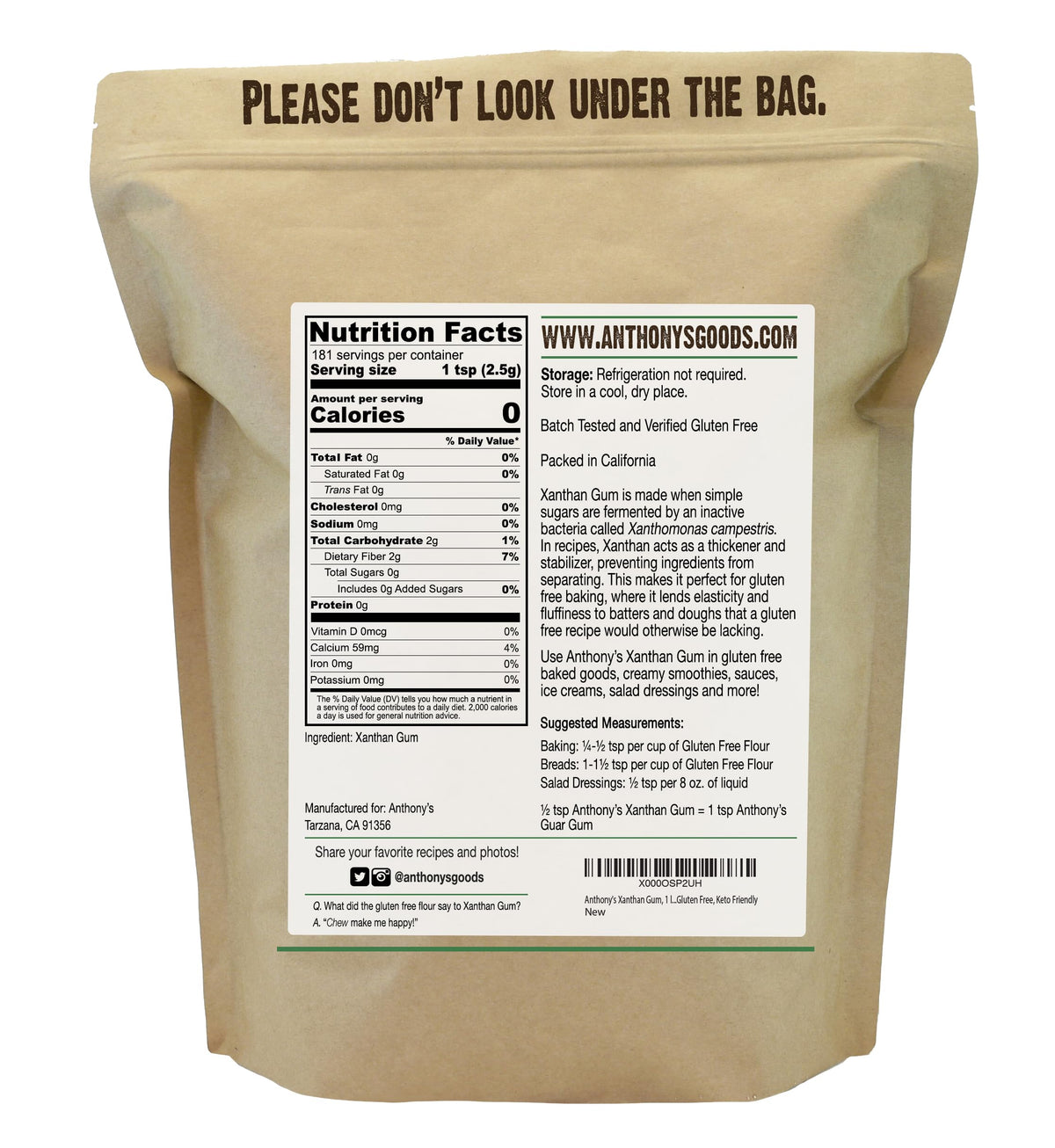 Anthony's Xanthan Gum batch-tested gluten-free label signals safe baking.