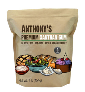 Anthony's Xanthan Gum powder bottle showcases premium gluten-free thickening capability.