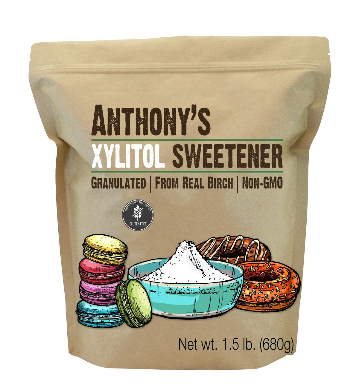 Anthony's Xylitol Sweetener front pack shows gluten-free, keto-friendly sugar substitute.