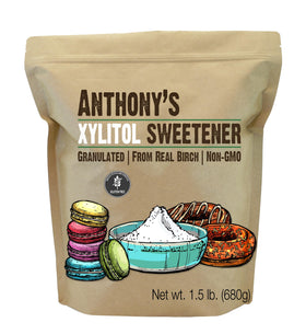 Anthony's Xylitol Sweetener front pack shows gluten-free, keto-friendly sugar substitute.