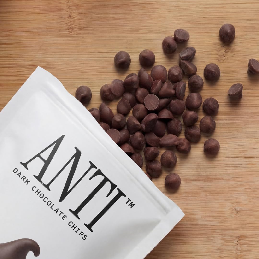Three-pack display of Anti Sugar Free Dark Chocolate Mini Chips