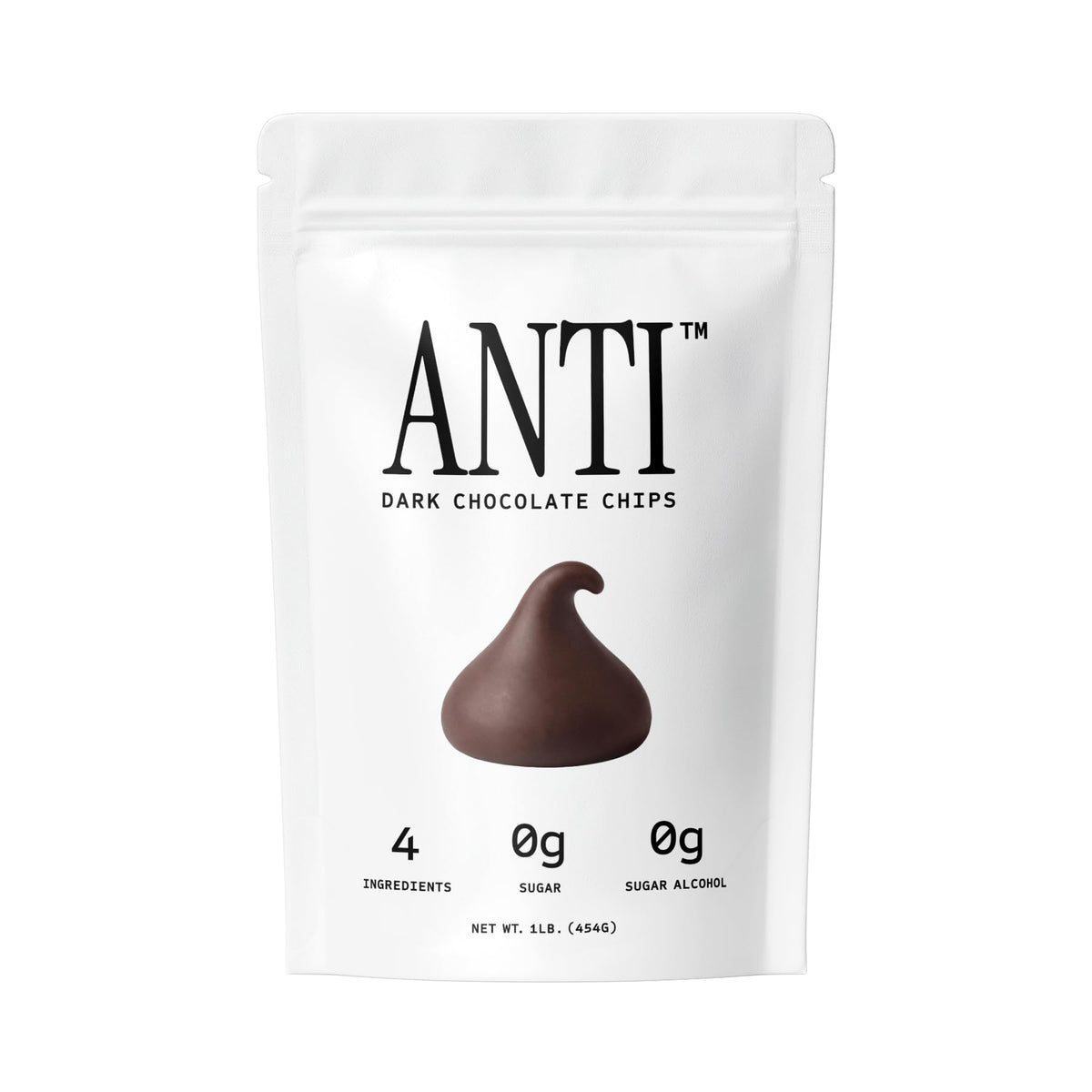 Anti Sugar Free Dark Chocolate Mini Chips bag showcases 16oz for baking and snacking