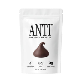 Anti Sugar Free Dark Chocolate Mini Chips bag showcases 16oz for baking and snacking