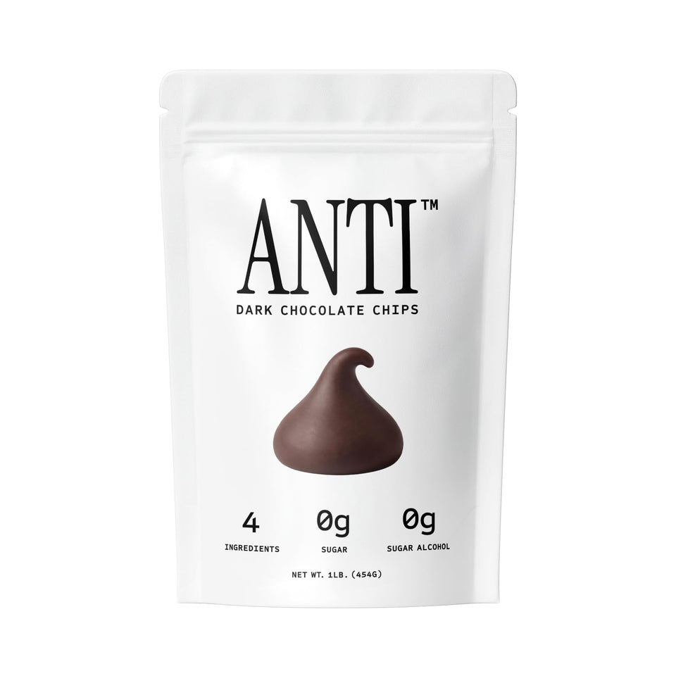 Anti Sugar Free Dark Chocolate Mini Chips bag showcases 16oz for baking and snacking