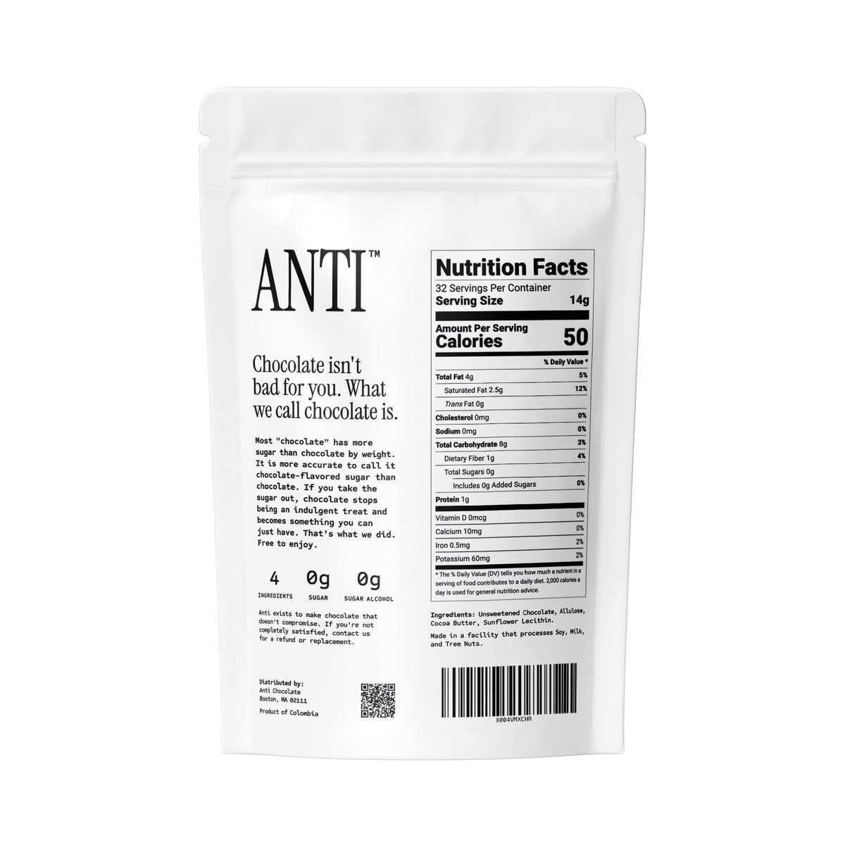 Anti Sugar Free Dark Chocolate Mini Chips close-up shows 55% cacao