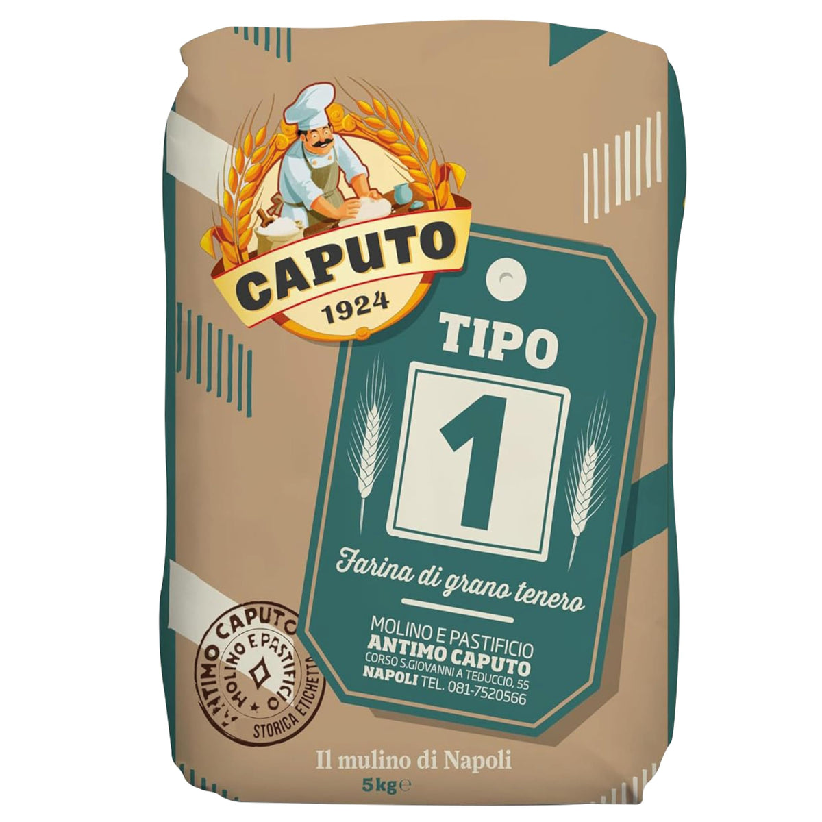 Antimo Caputo Tipo 1 soft wheat flour 5kg bag on display, ideal for rustic pizzas.