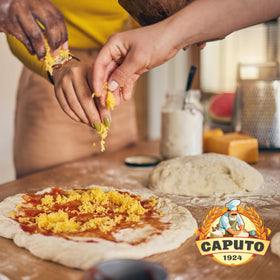 Antimo Caputo flour close-up kneaded crust texture.