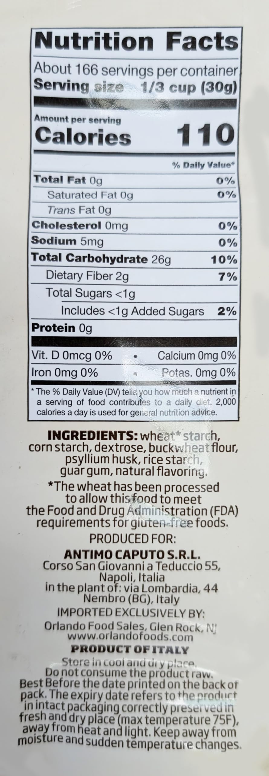 Antimo Caputo gluten-free pizza flour bag back shows recipe notes for dough