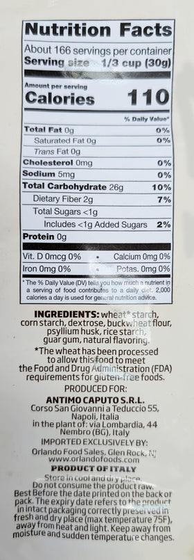 Antimo Caputo gluten-free pizza flour bag back shows recipe notes for dough