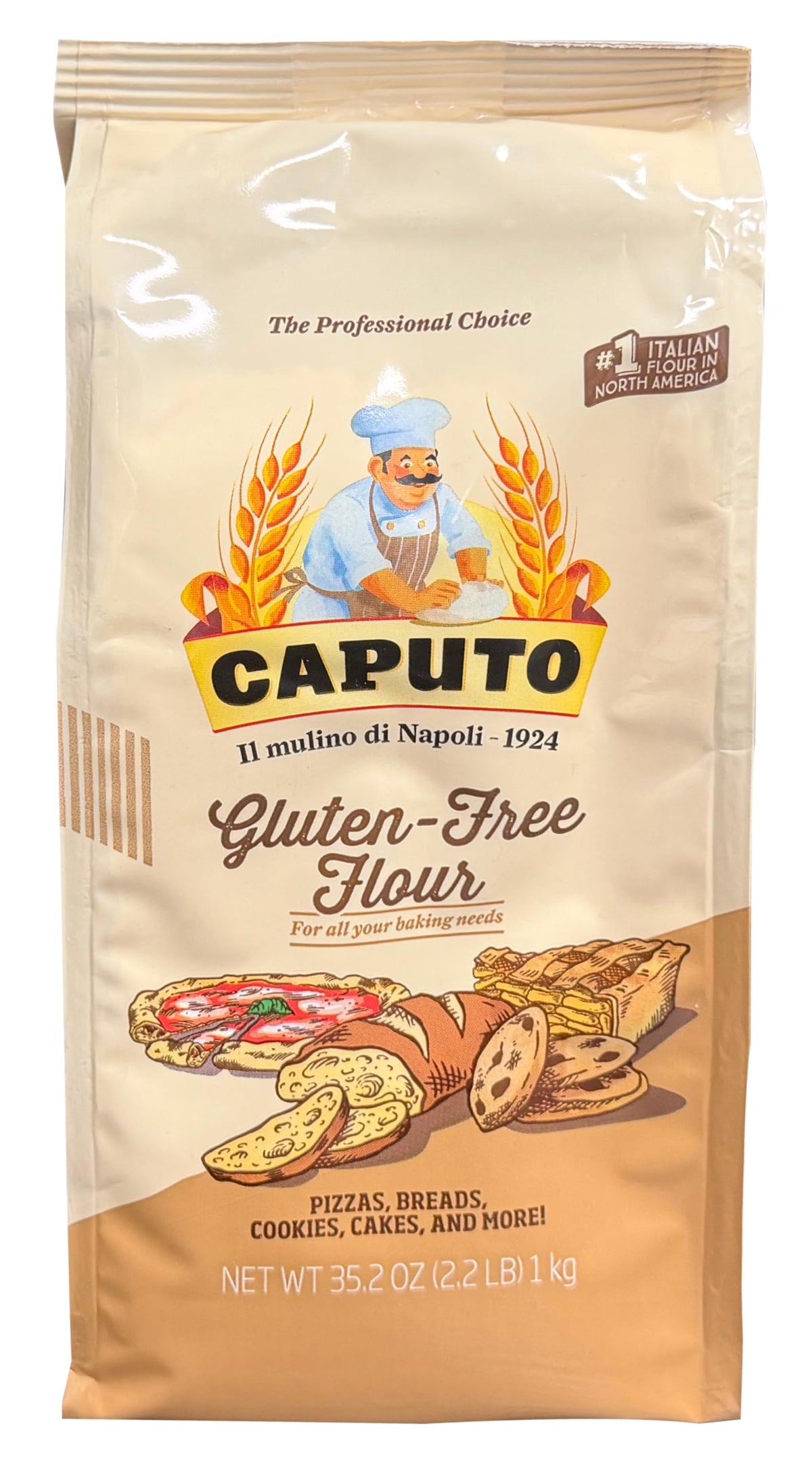Closeup of Antimo Caputo gluten-free pizza flour bags showing premium packaging