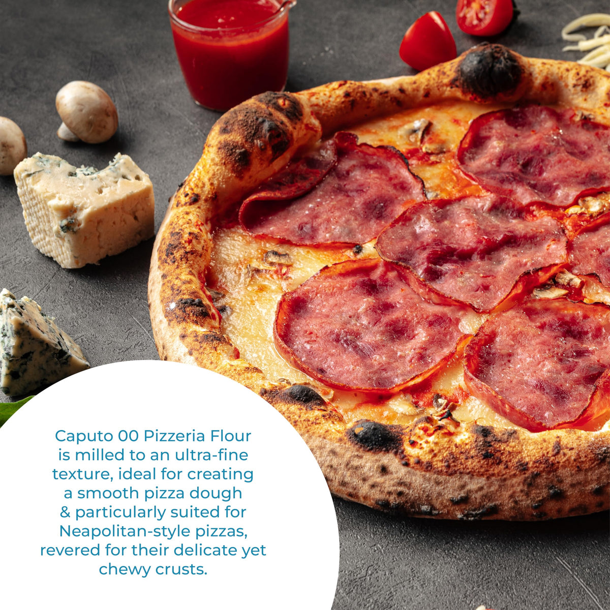 High-protein flour at 12.5% helps build pizza dough structure.